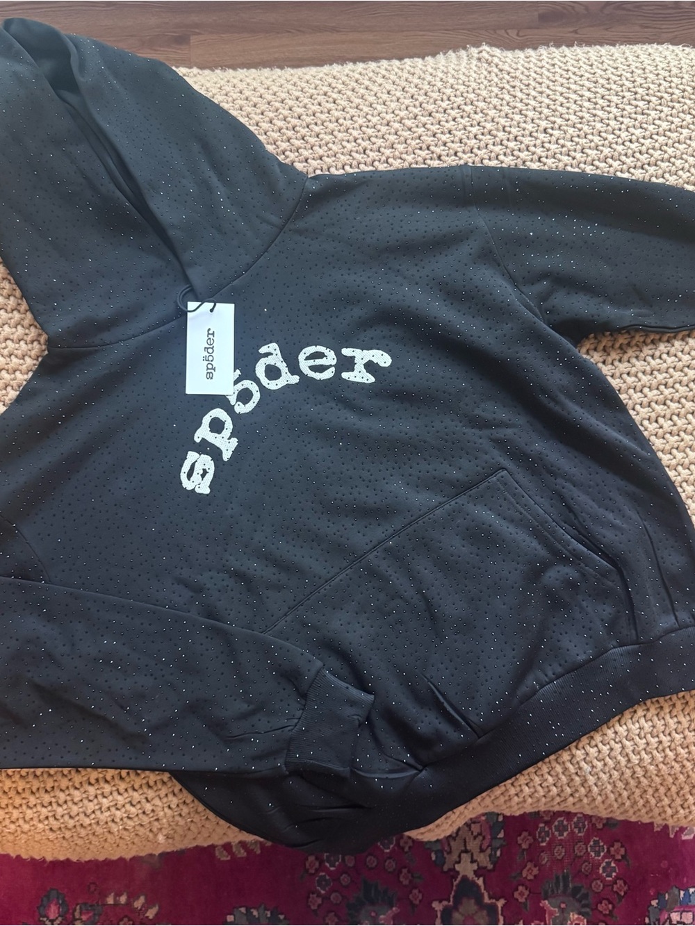 Sp5der Black Rhinestone Hoodie Sparkle Streetwear Pullover NWT Size L